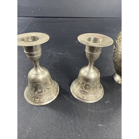 Vintage Z.Y. India Bell Candle Stick Holders (2) And Brass Bud Vase - Picture 4 of 11